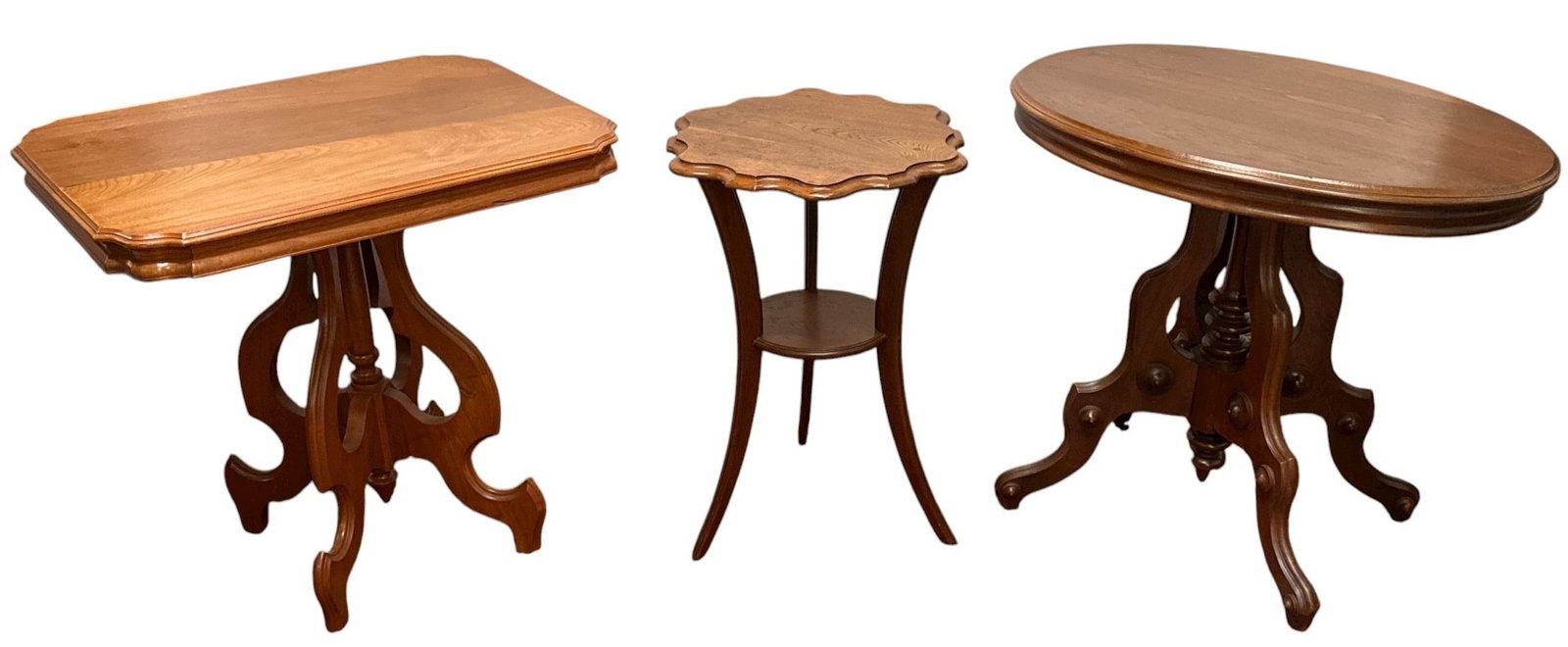 Three Antique Victorian Side Tables: Largest table measures 30" Hx 32.5" W x 24.25" D, smallest scalloped edge measures 28" H x 20" top diameter.