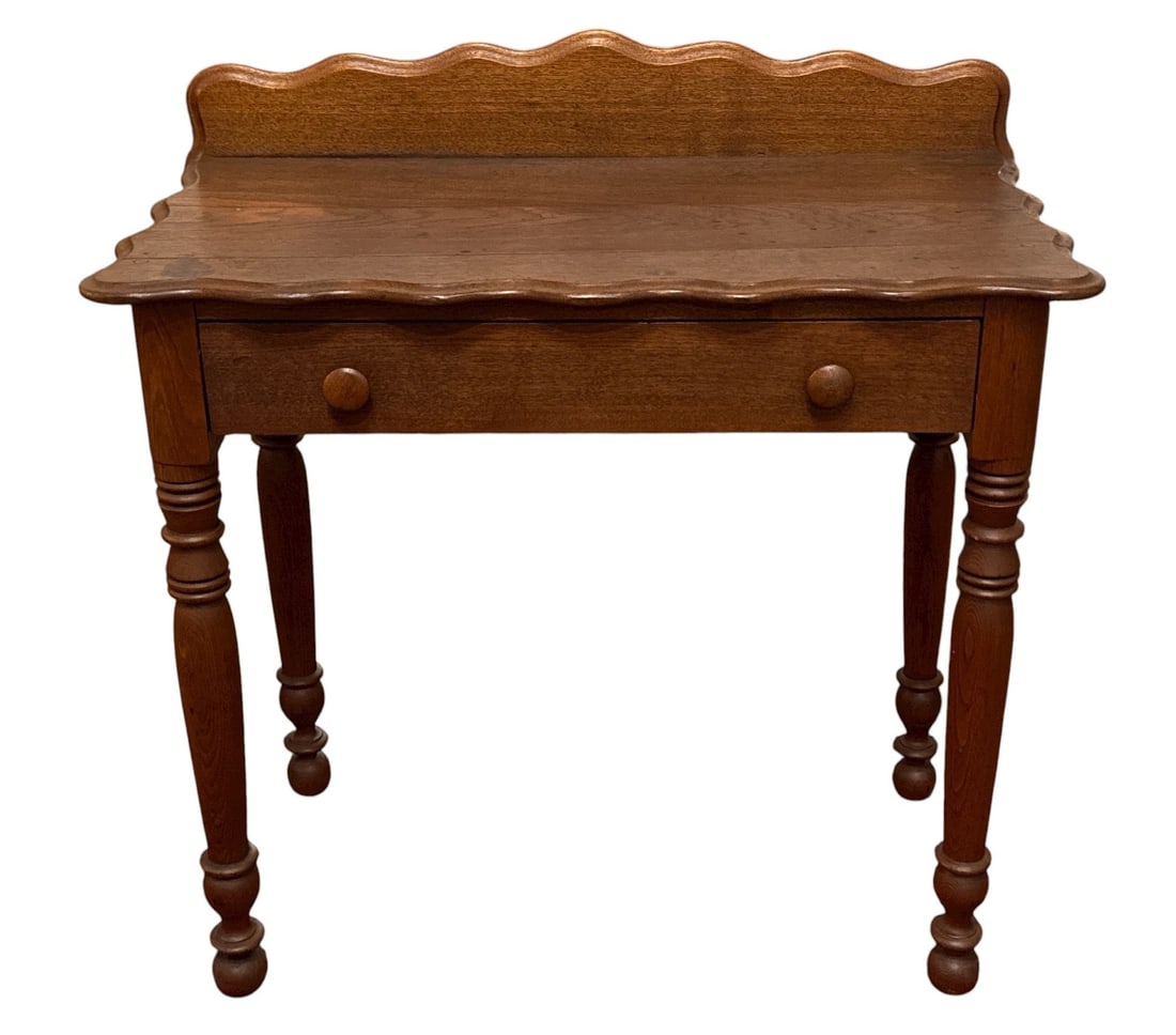 19th C. Victorian Scalloped Edge Writing Desk: Measures 33.5" H x 32" W x 17.5" D.