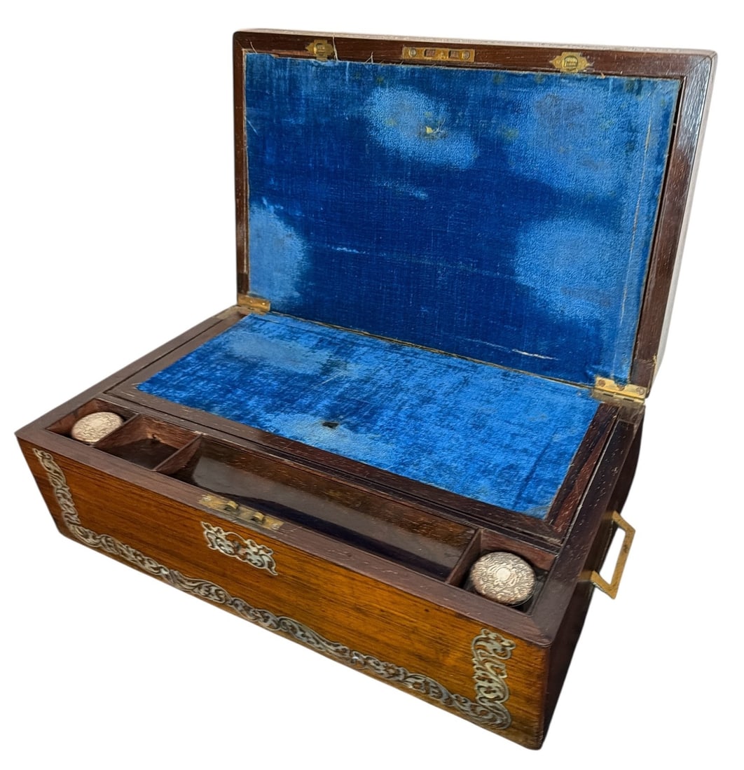 Mother of Pearl Inlay Lap Writing Desk: Measures 6" H x 16" W x 10" D. Opens to a slanted writing surface.