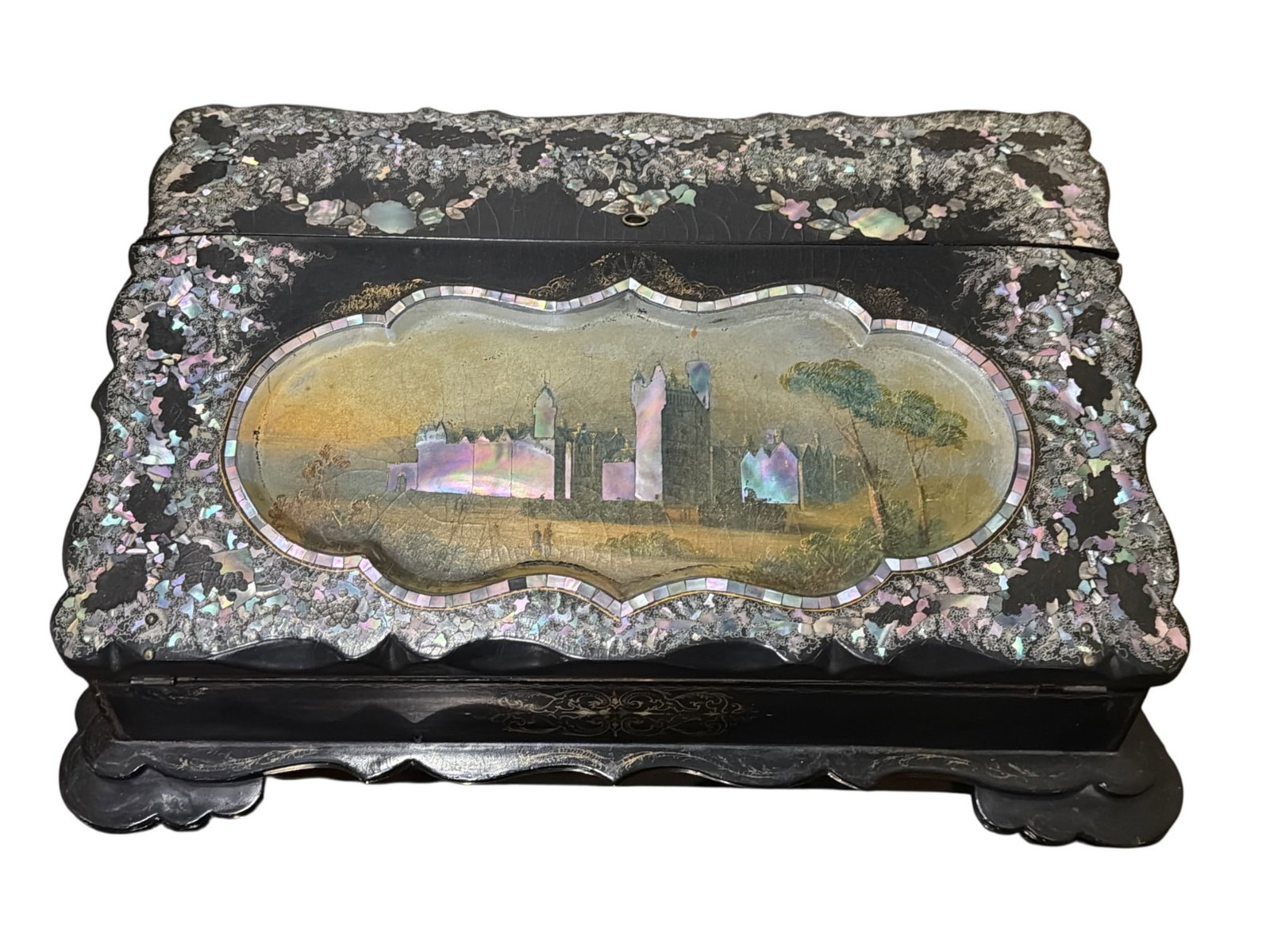 English Abalone Inlay Travel Desk Box: Measures 5.5" H x 18" W x 13" D when closed, opens to 20" D.