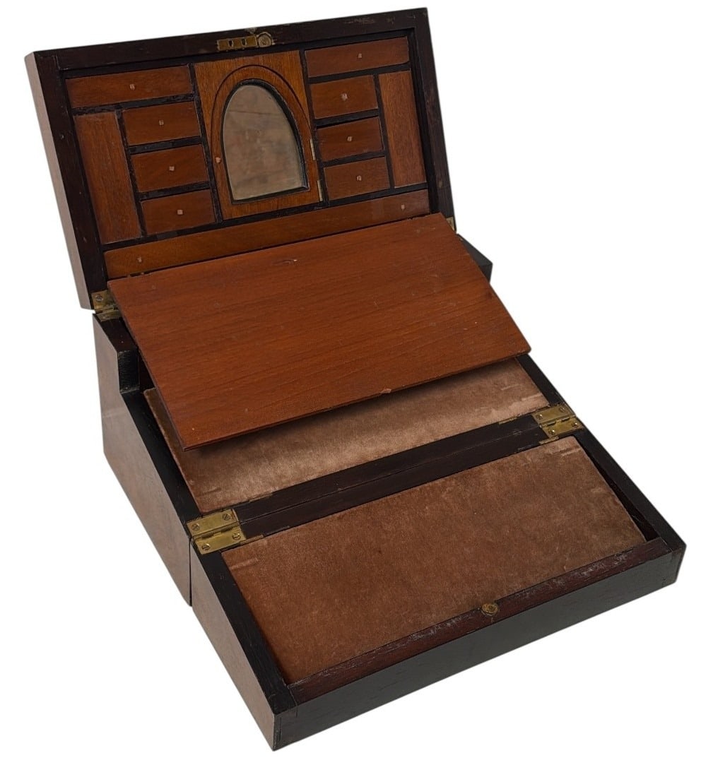 Antique English Inlay Travel Desk Box: Features intricate inlay and multiple compartments on the interior. Measures 10" H x 15" W x 8.5" D when closed, extends open to 23.5".