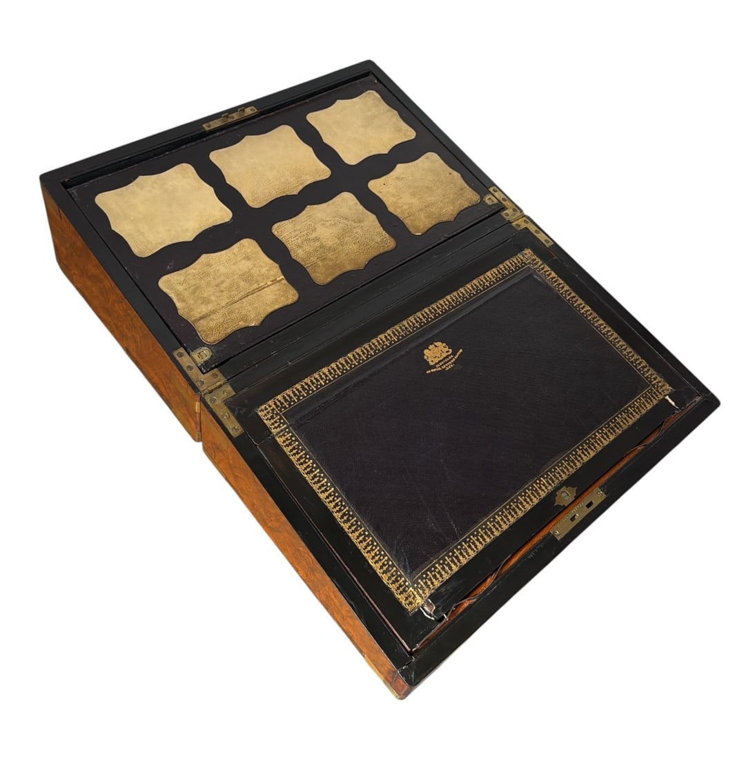 An 1866 Mahogany and Brass Travel Desk Box: Features immensely intricate interior compartments with locks, leather, and brass inlays. Retains a plaque on top that reads "Presented To Mr. Chas Dalton For His 15 Years Service at The Bramley Natio
