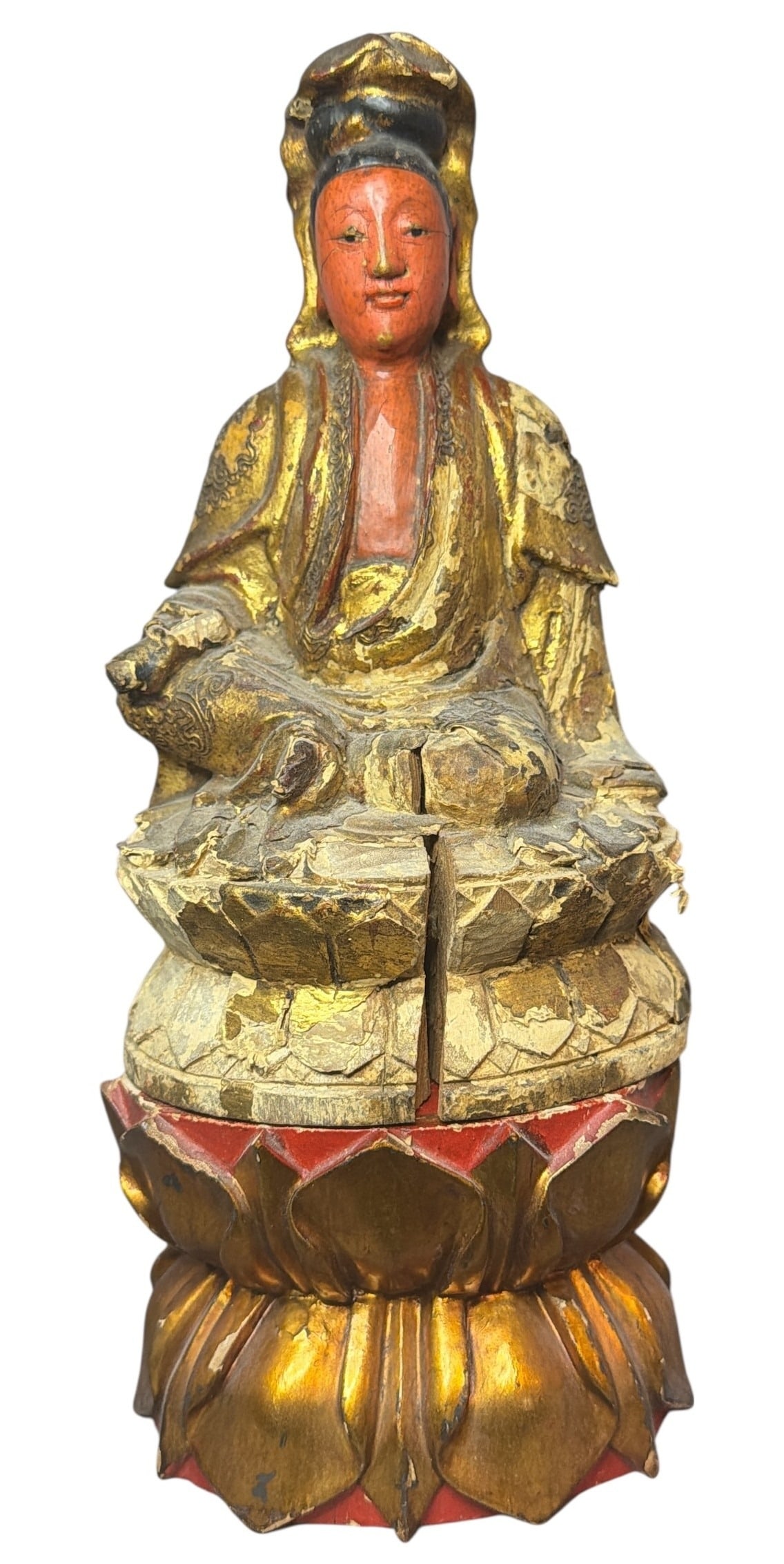 Chinese Polychrome Guanyin Carved Wood Guardian: Measures 12" H x 5.5" W x 5.5" D.