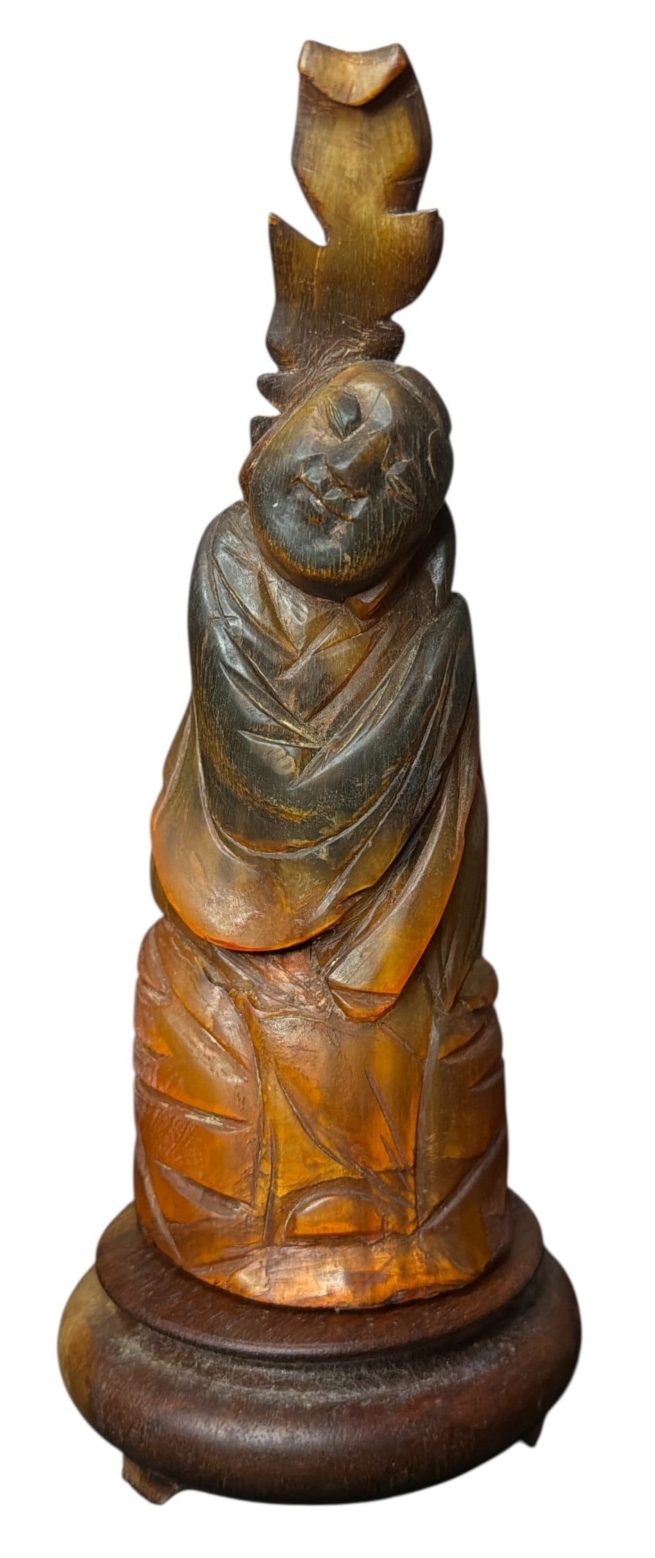 Chinese Carved Horn Wiseman Sculpture: 7.5" H x 3" diameter on stand.