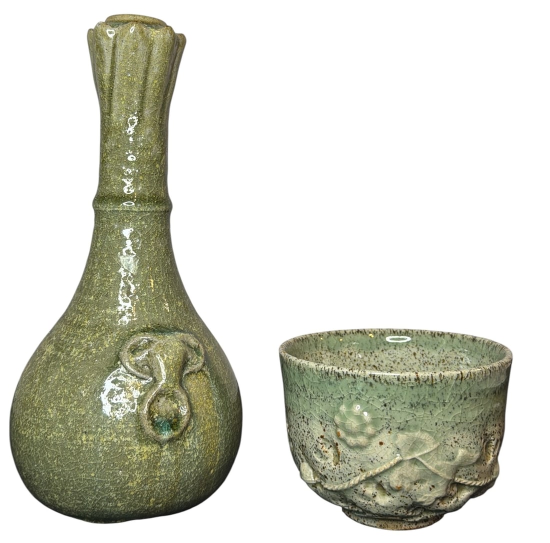 Two Asian Celadon Vessels, Sake Bottle & Bowl (1 of 4)