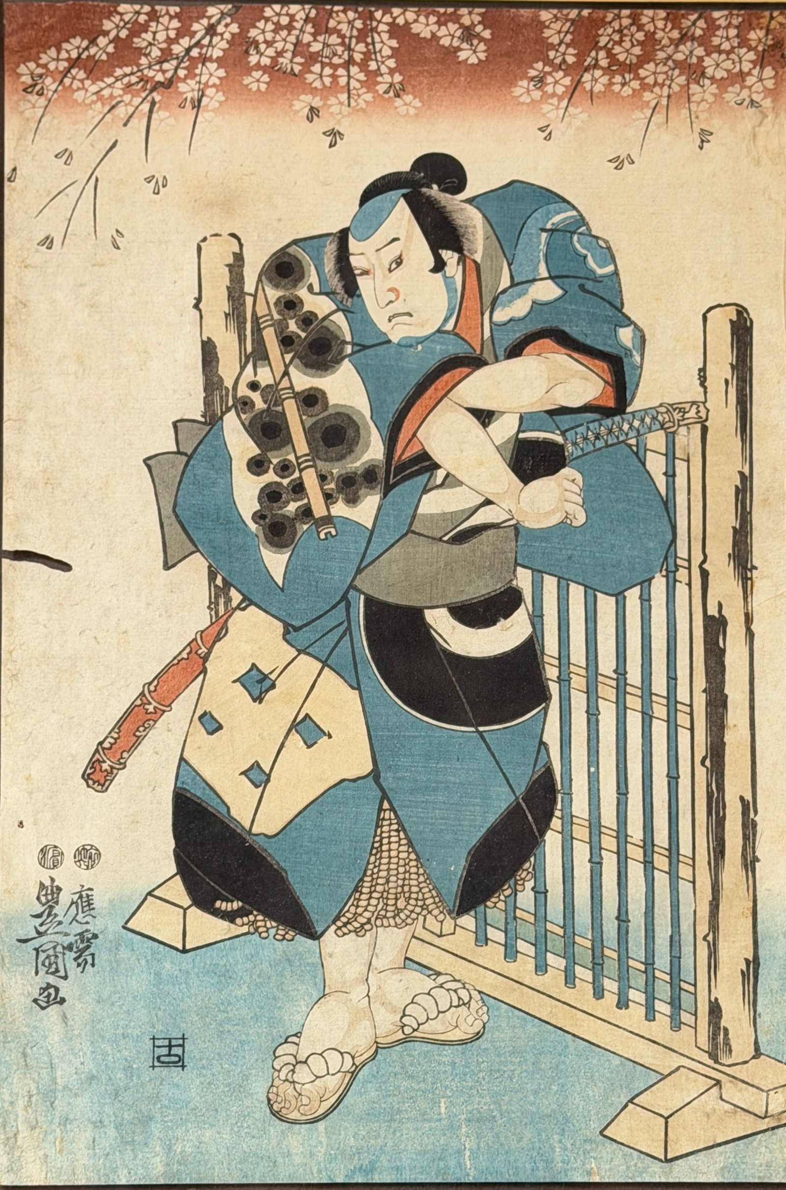 UTAGAWA KUNIYOSHI Woodblock Print: Measures 20.5" x 16" in the frame, sight measures 14" x 9.5".