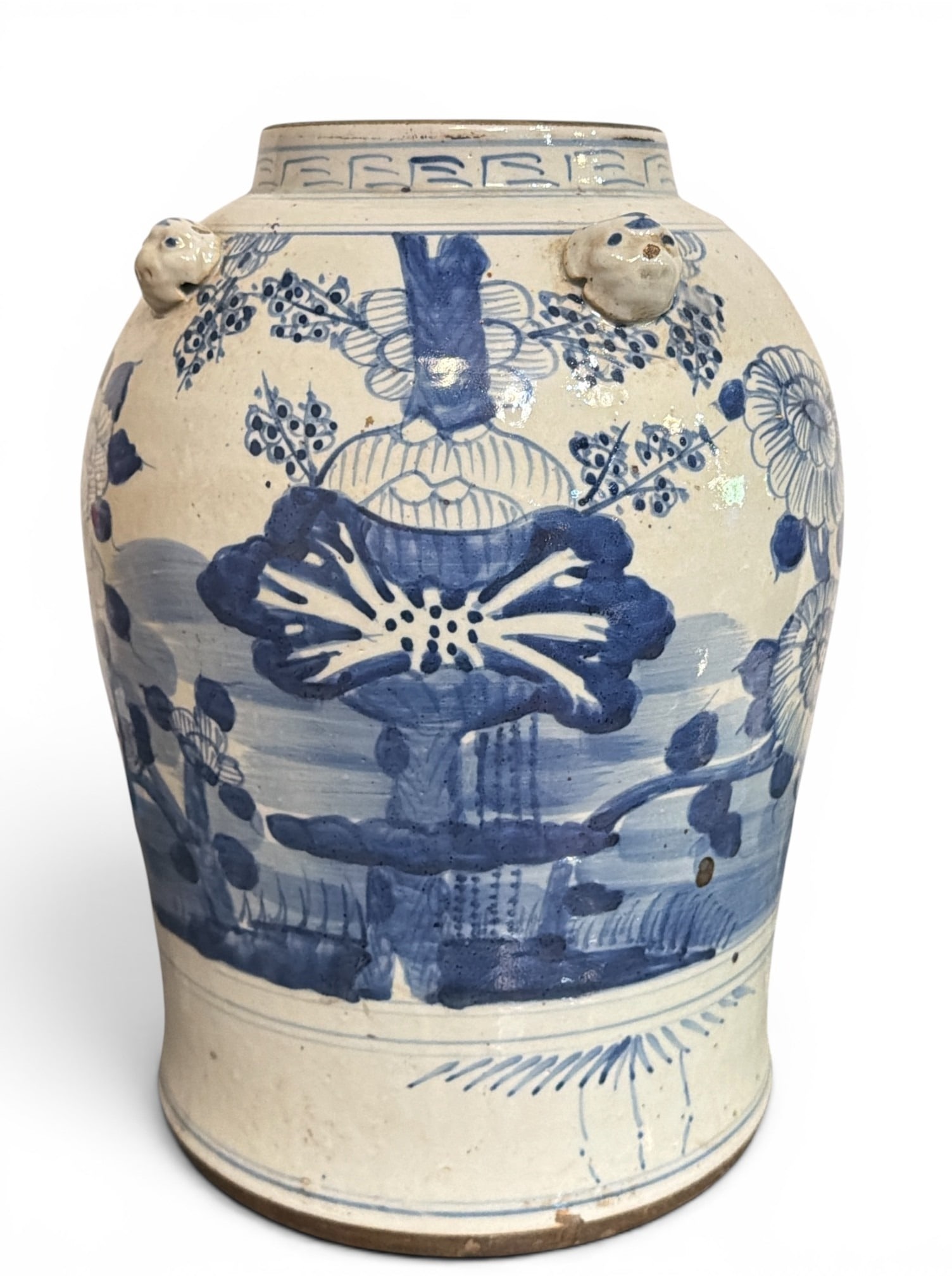 Chinese Chinoiserie Blue and White Ginger Jar: 15" H x 10" diameter. Porcelain.