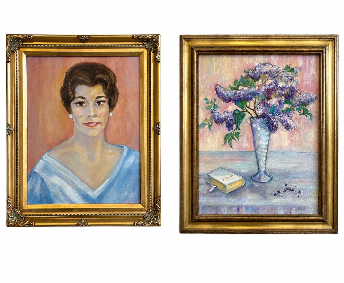 Two Mid Century Oil Paintings, Portrait of a Woman and Still Life: Oil on Canvas, unsigned. The portrait of a woman measures 24" x 20.5" x 1.5" in the frame.