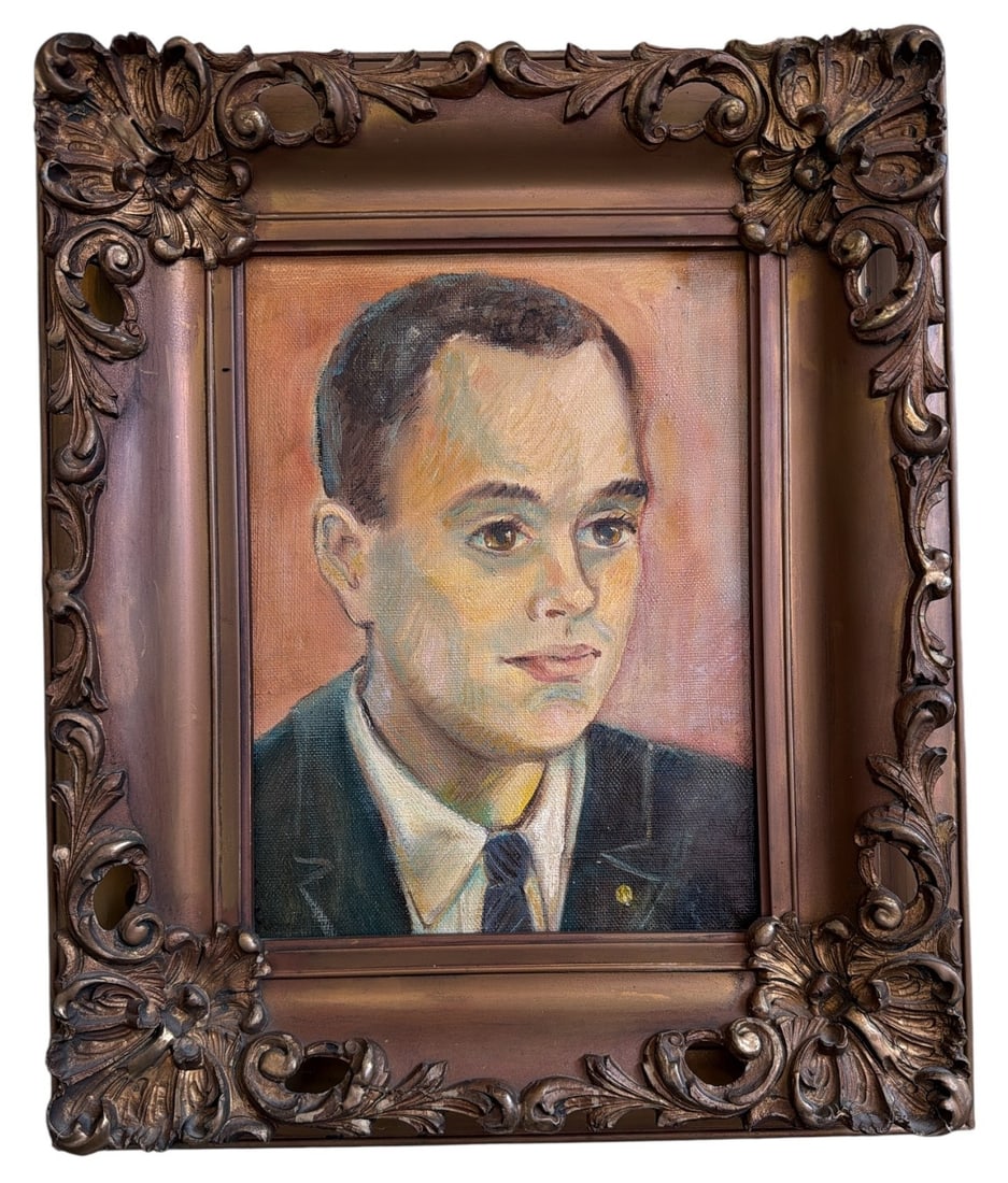 Mid Century Oil Painting Portrait of a Man: Oil on canvas. Measures 18.5" x 16" x 2.5" D in the frame, sight measures 11.5" x 8.5". Appears unsigned but may be signed beneath the frame.