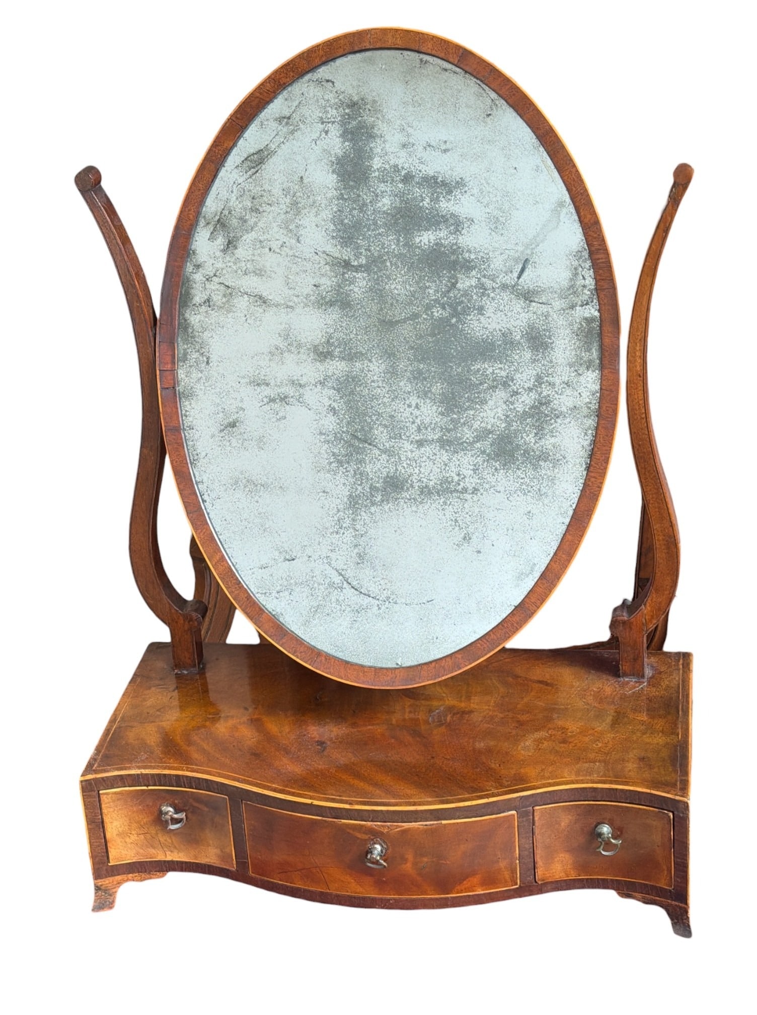 Antique George III Mahogany Shaving Mirror: Measures 22.5" H x 17" W x 7.5" D. Figured design.