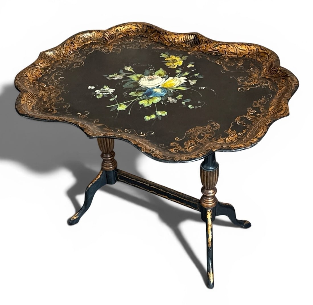 English Victorian Tray Top Table: Measures 24" H x 32" W x 24" D when opened, when tilted down, it measures 36" H.