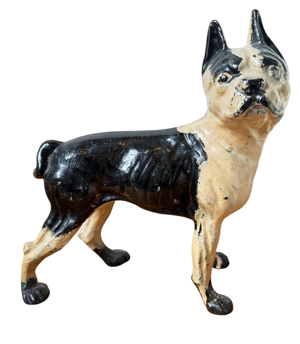 Antique Cast Iron Boston Terrier Doorstop: Measures 10" H x 4" W x 9" D.