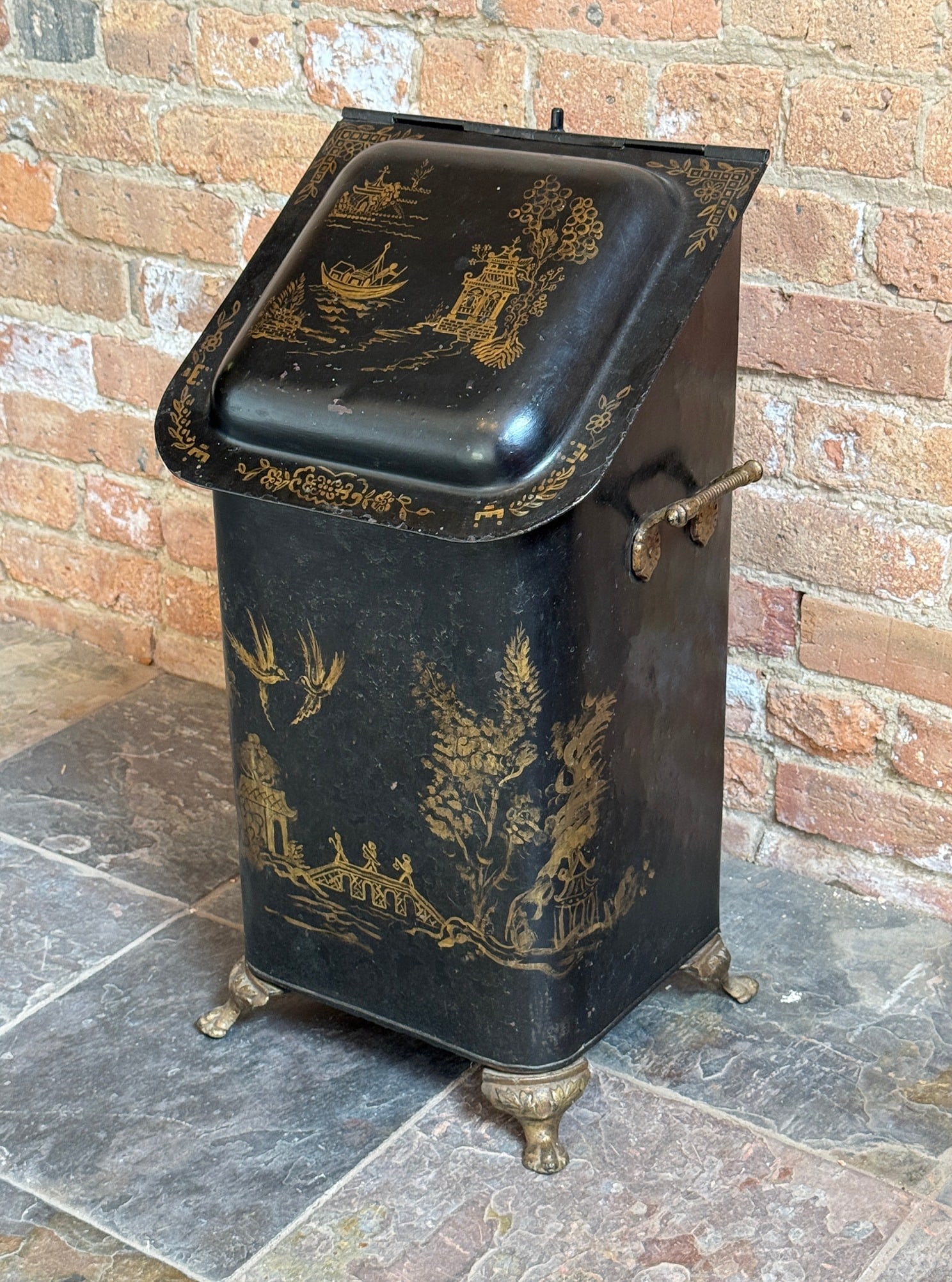 Victorian Toleware Hand Painted Coal Scuttle: 24" H x 13" W x 10" D.