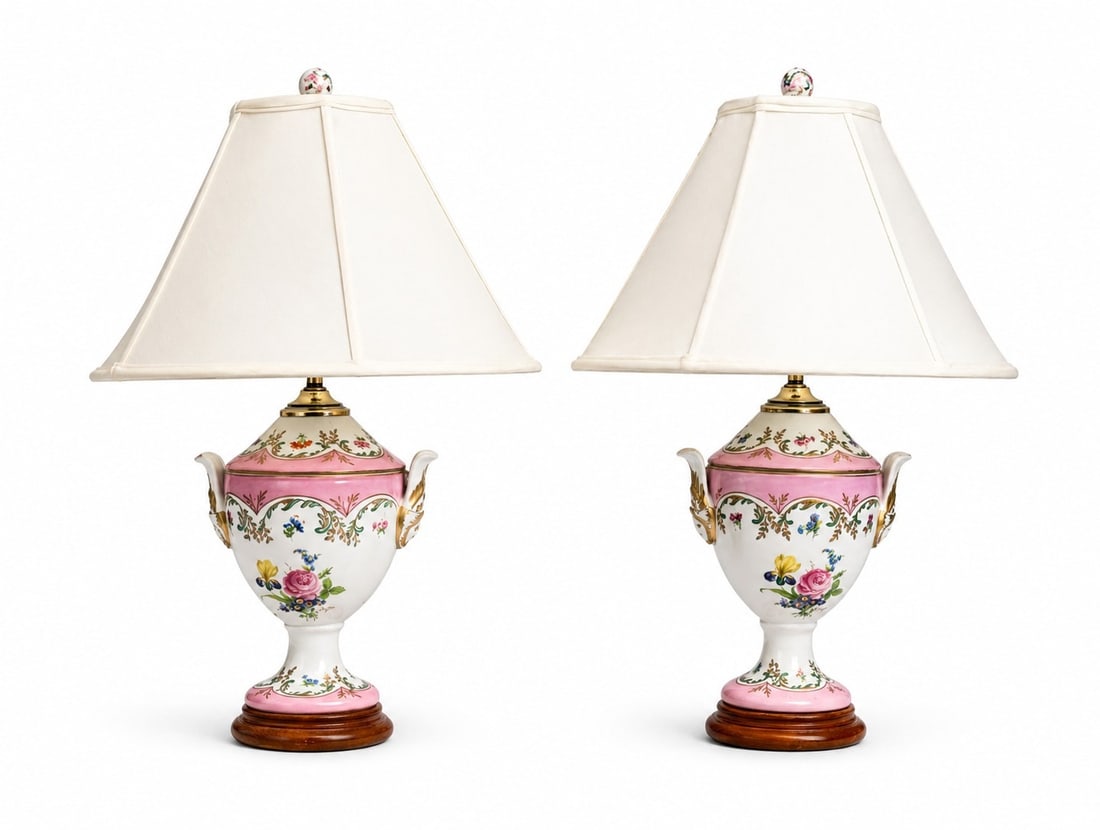 Pair of Italian Porcelain Urn Lamps: Each measures 24.5" H to the finial, 9" W x 7.5" overall diameter, shade diameter is 17".