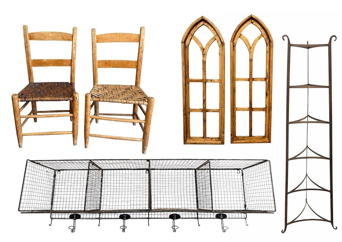 Collection Rustic Primitive Furniture, Farmhouse: Entryway wall shelf with hangers measures 16" H including hooks x 48" W x 10.5" D, Architectural wall windows measure 36" H x 12" W x 1.5" D. 6 tier plate stand measures 46.5" H x 10.75" W x 10.75" D.