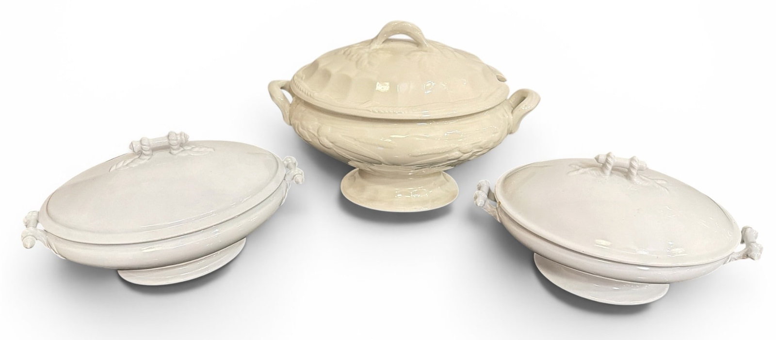 Collection English Ironstone Lidded Serving Dishes: Largest measures 10" H x 14" W x 8" D.