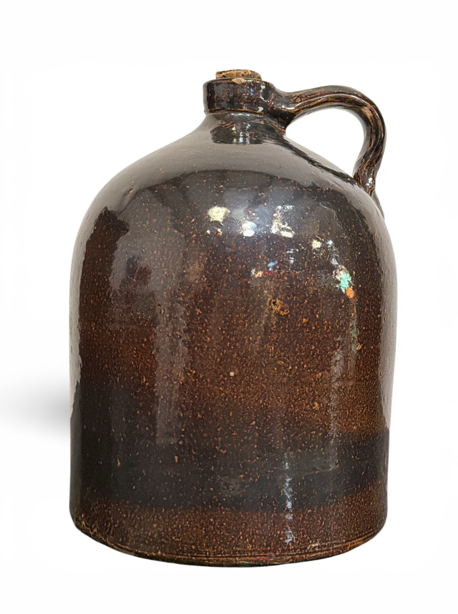 Antique Brown Glaze Stoneware Whiskey Jug Crock: 13" H x 9" diameter. Stamped with a "B" near the bottom.