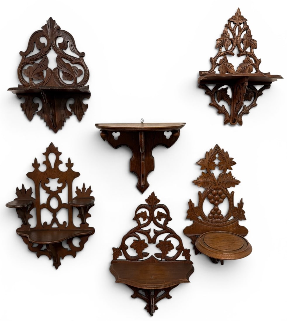 Six Victorian Carved Wood Wall Shelves: The largest measures 18" H x 12" W x 6.5" D.