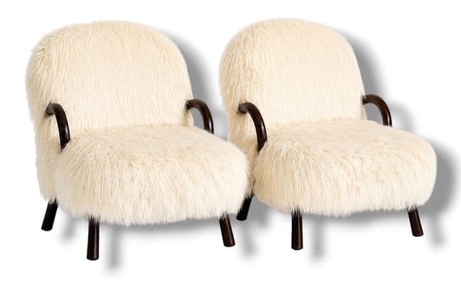 Mongolian Shearling Lounge Chairs, In The Manner of ARNOLD MADSEN: 35" H to back x 16.5" H to seat x 27.5" W x 36" D.
