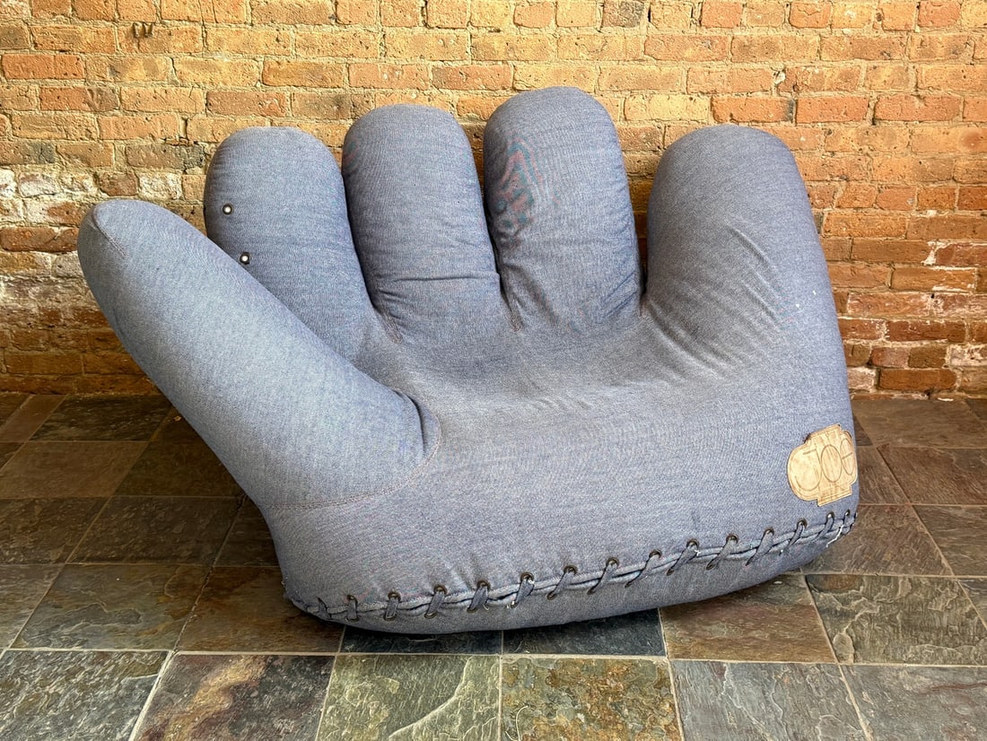 DE PAS, D'URBINO & LOMAZZI "Joe" Chair for POLTRONOVA: Denim upholstery. 34" H to back x 17.5" H to seat x 67" W x 45" D. Retains label. By designers Jonathan De Pas (Italian, 1932-1991), Donato D'Urbino (Italian, b. 1935), Paolo Lomazzi (Italian, b. 1936