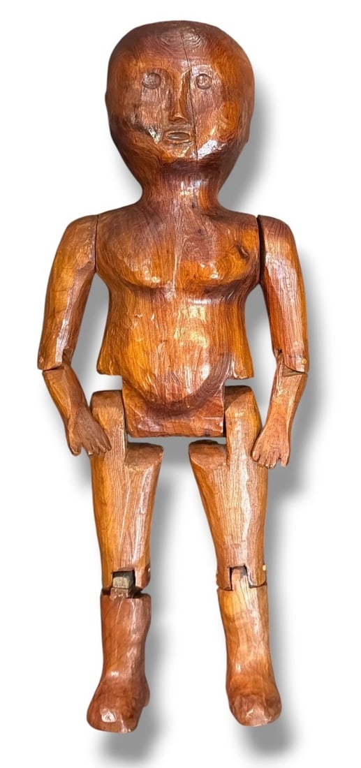 Folk Art Articulating Artist Lay Figure, Mannequin: Measures 17" H x 7" W x 4"D. "J B No 5" carved on back. Carved wood.