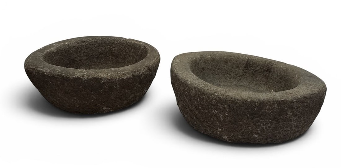 Ancient Stone Mortars, Set of Two: 4" H x 10" W x 8" D, each.