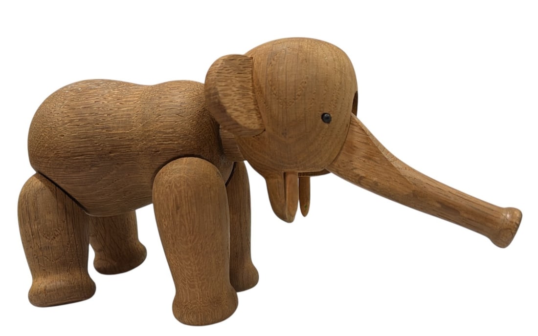 KAY BOJESEN (Danish, (1886 - 1958) Teak Wood Articulating Elephant: Measures 5.5" H x 3.5" W x 9" D. Marked on the back foot.