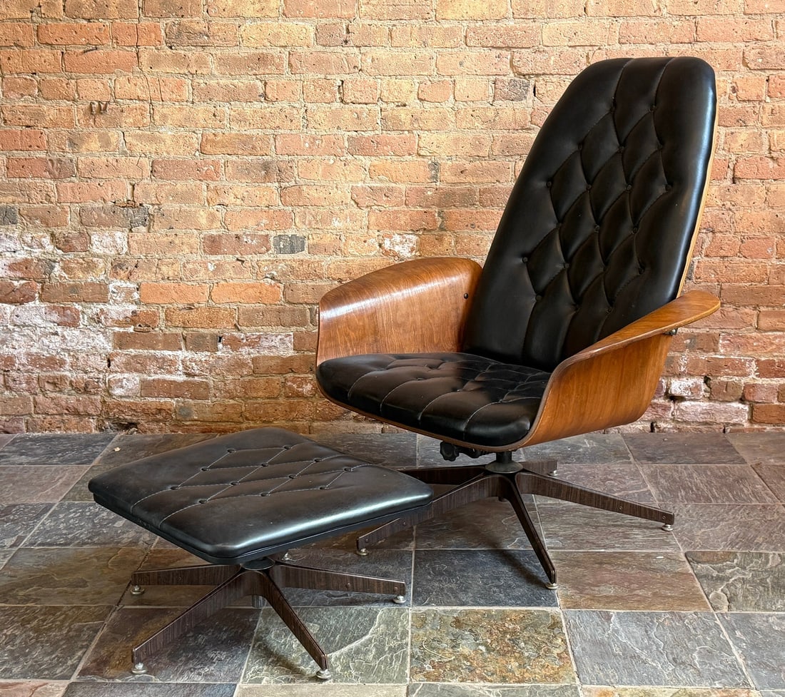GEORGE MULHAUSER (American, 1916?2002) for PLYCRAFT "Mr. Chair" & Ottoman: Chair: 43" H to back x 15" H to seat x 37" W x 33" D. Ottoman: 12" H x 22" W x 20" D.