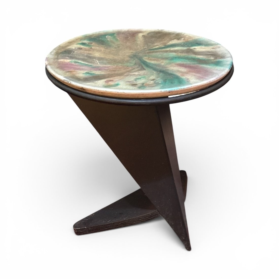 Modernist Prismatic Table: Ceramic top with metal base. 21" H x 19.5" top diameter. Signed on bottom side, dated 1991.