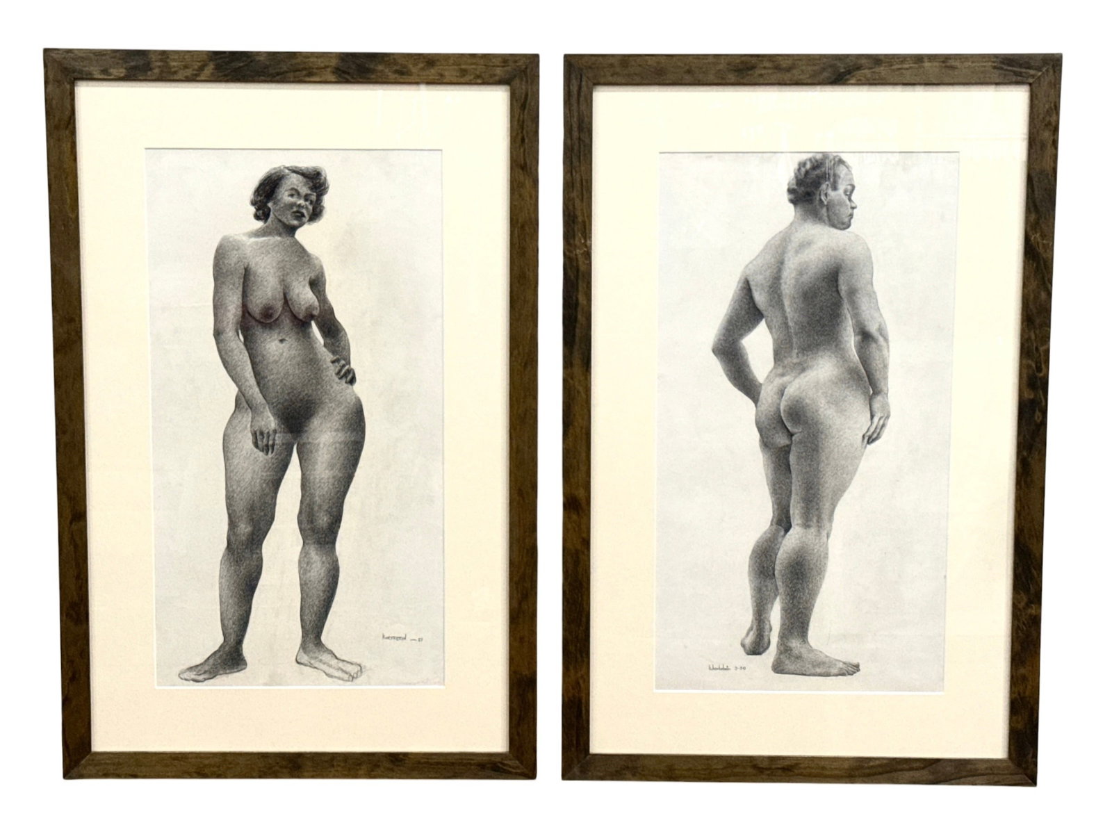 1950's European Nude Studies, Man & Woman: Mixed media on paper. Woman is signed "Kortebein" and dated '51 in lower right. Man is signed "B. Kortebein" and dated 3 - '50 on lower right. Each measures in frame 30.5" x 20" x .5" D, sight