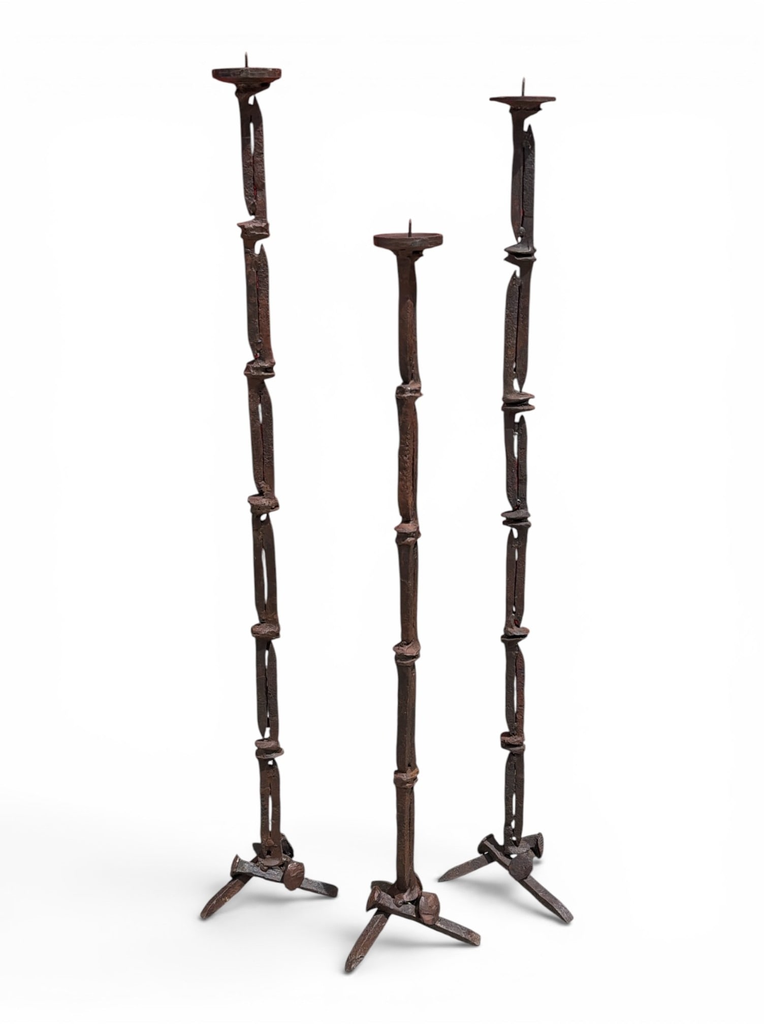 Three Graduating Brutalist Railroad Spike Candle Holders (1 of 3)
