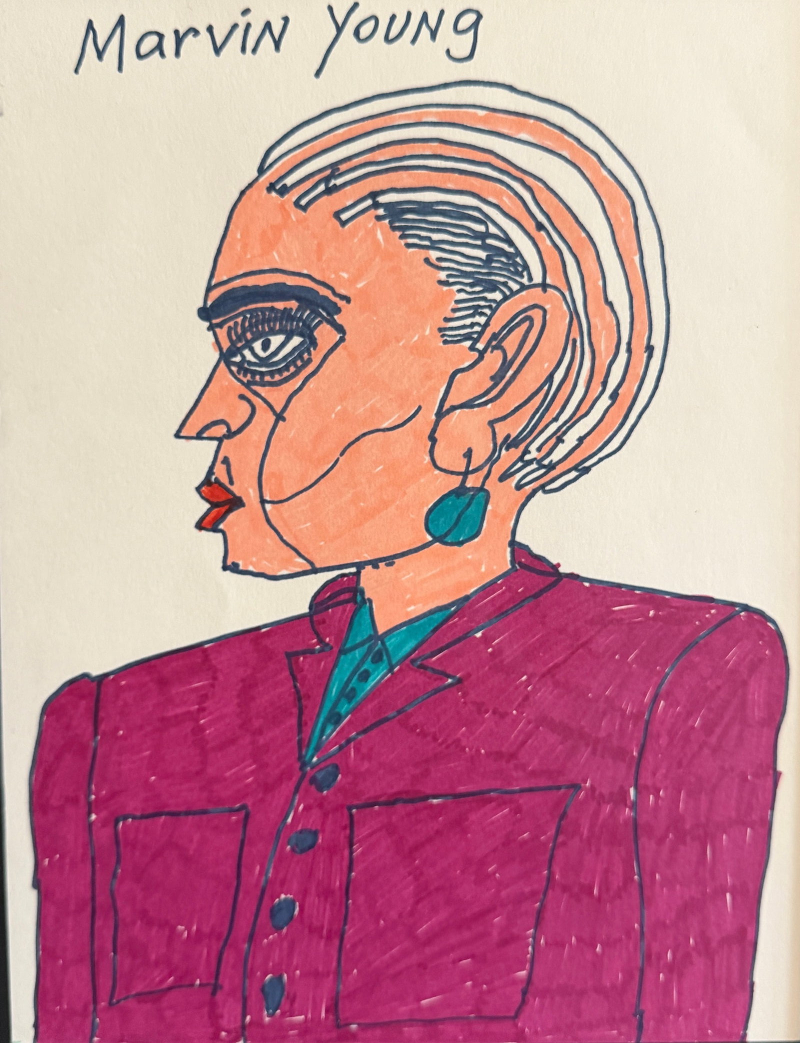 MARVIN YOUNG (American/Chicago, b.1961) Portrait of a Woman: Measures 12.5" x 9.5" x 0.5"D in the frame, sight measures 11" x 8.5". Signed top left. Marker on paper. Marvin Young is a self-taught artist from Chicago?s South Side known for expressive works that 