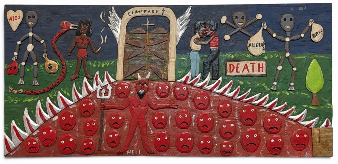 LEROY ALMON SR. (American, 1938-1997) Folk Art Painted Wood Relief: Measures 11.25" H x 24" W x 0.75"D. Carved and painted wood. Initialed LA lower right corner. Signed and dated 1989 en verso. Property from the Collection of Marjorie and Harvey Freed.