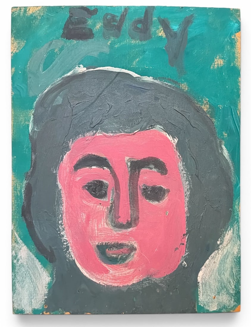 EDDY MUMMA (American, 1908-1986) Folk Art Portrait Painting: Measures 16" x 12", unframed. Signed on the top center. Appears the artist may have started another work en verso. Property from the Collection of Marjorie and Harvey Freed.