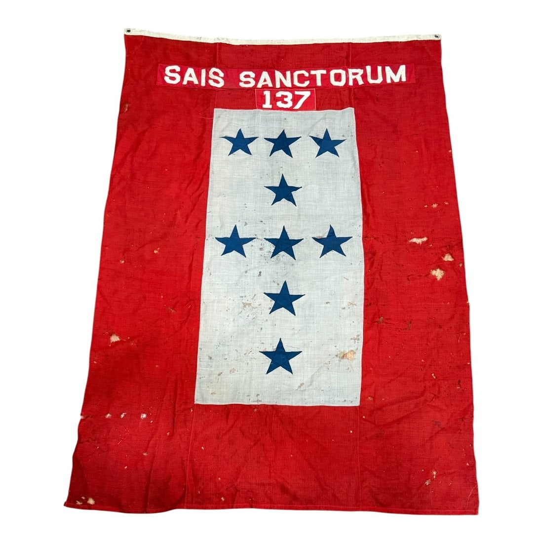 Early SAIS SANCTORUM Religious, Freemasons Flag: Measures 68" x 43". This flag, likely originating from Mt. Horeb Lodge #137 in Hill Country, Texas, is a rare and visually compelling example of Masonic ceremonial textile design. The phrase Sais Sanc