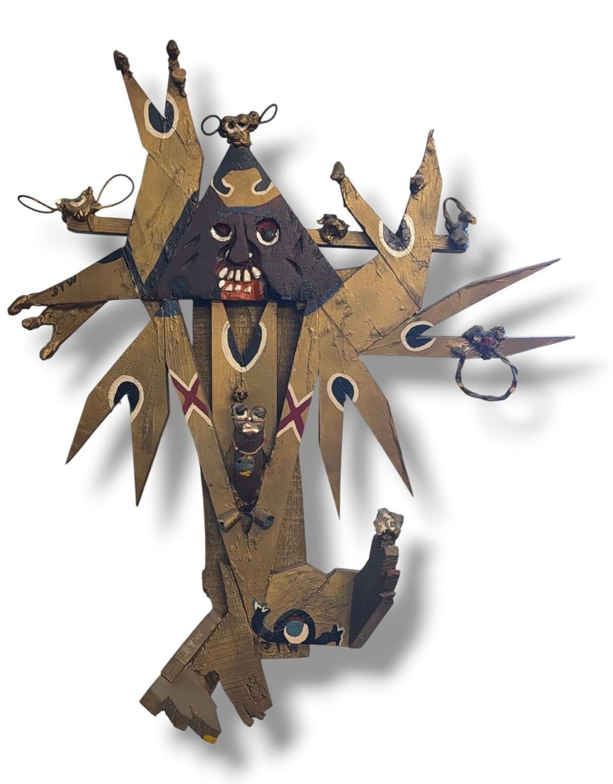 DEREK WEBSTER (1934-2009) Outsider Art Sculpture: Measures 31" H x 26.5" W x 6" D. Signed in two places, see photos. Dated 5/14/80 en verso. Derek Webster (1934-2009) was a celebrated self-taught artist known for his vibrant sculptural works and