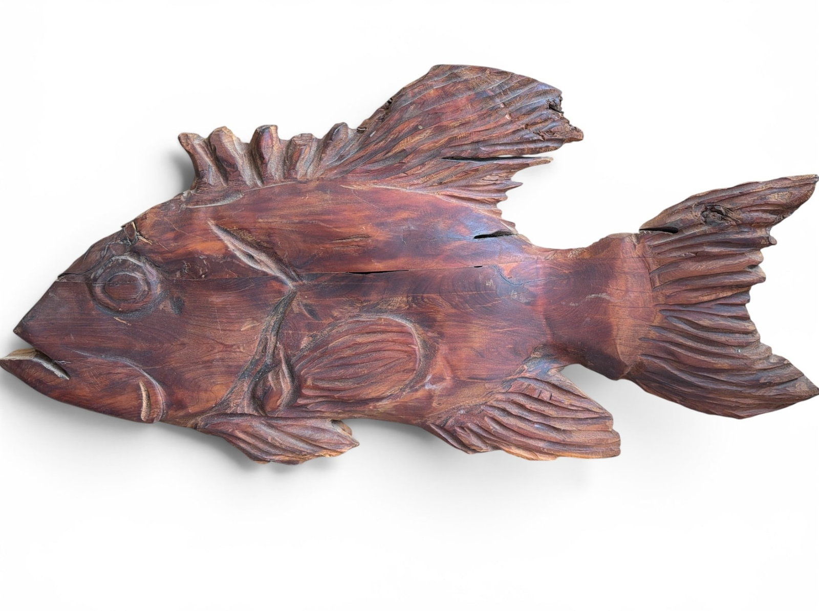 Large Folk Art Carved Wood Grouper Sculpture: Measures 19" H x 38" W x 1.5" D.