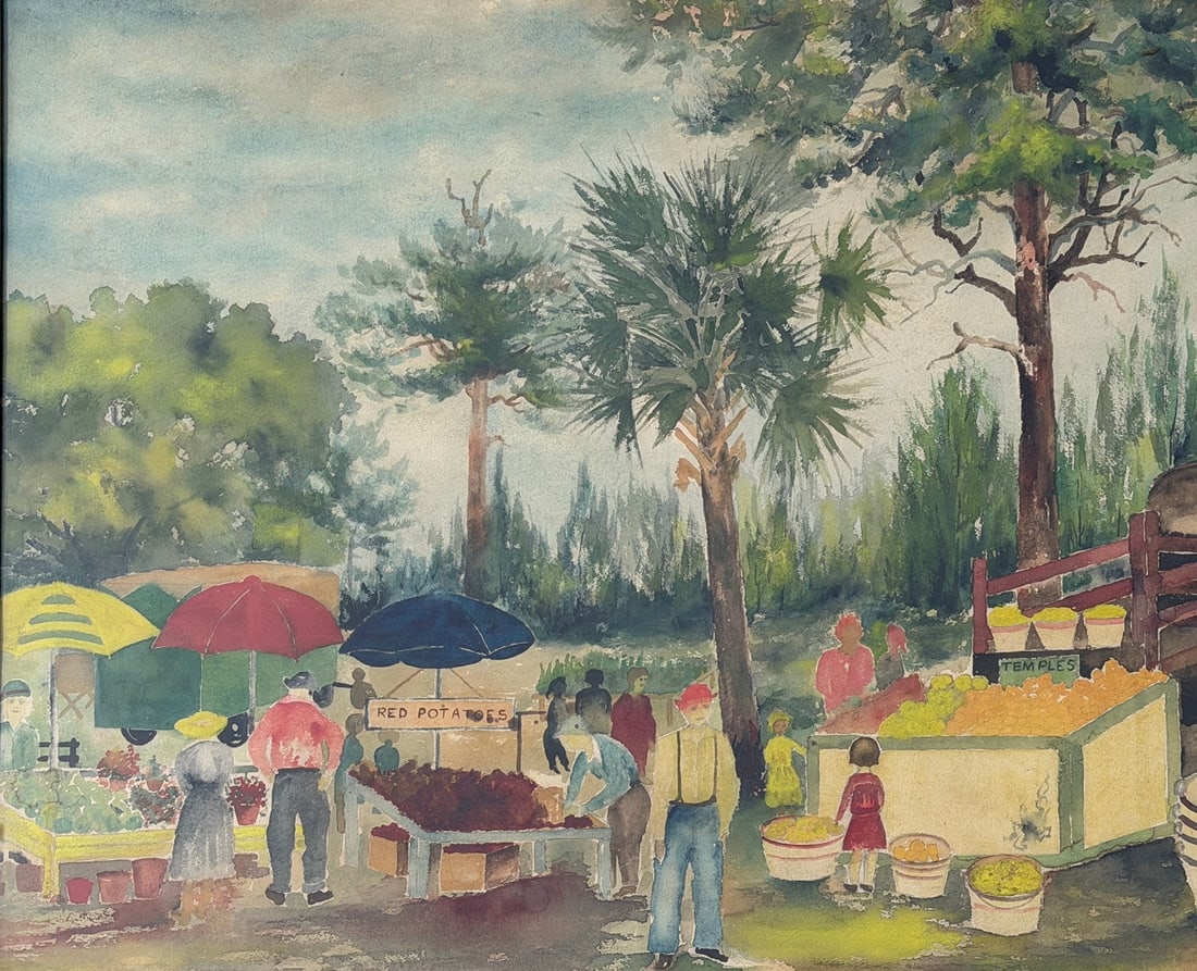 Folk Art Fruit Stand Watercolor Painting, MARY HOLMAN: Measures 25.25" x 29" x 2"D in the frame. Sight measures 19.75" x 23.75".