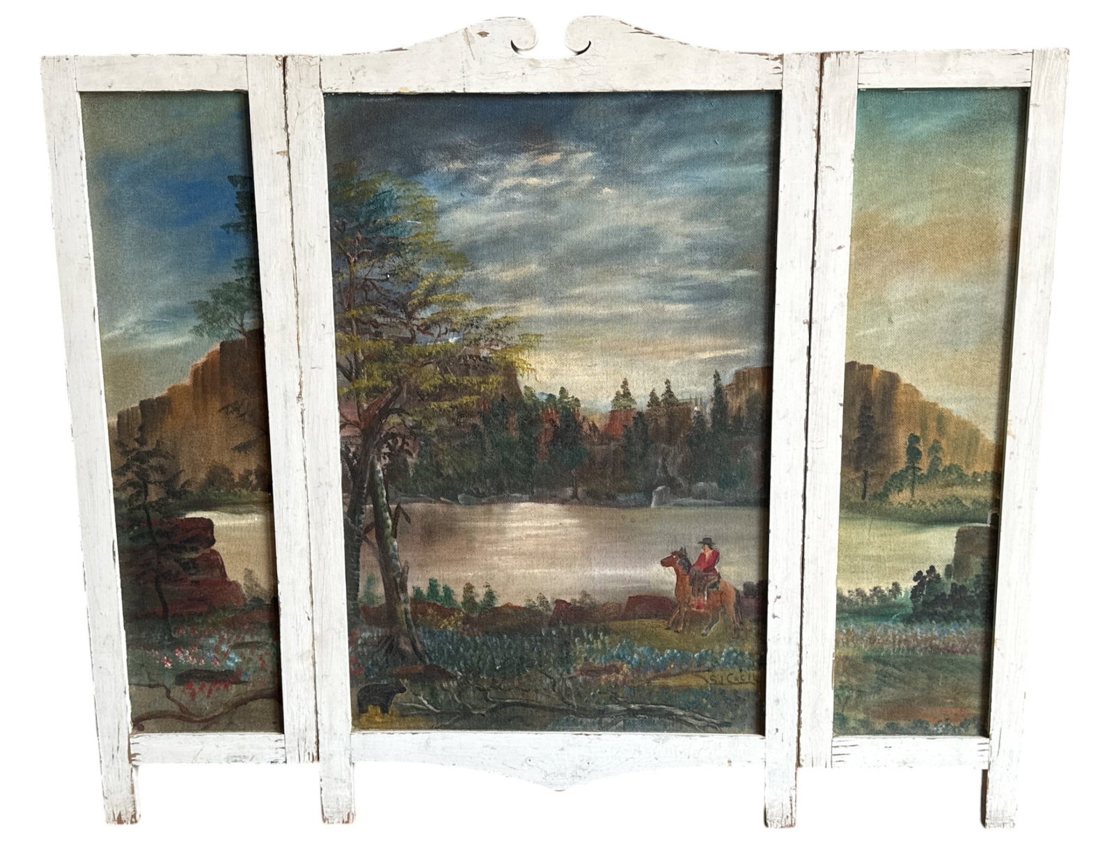 Handpainted Countryside Fire Screen: Measures 36" H x 42.5" total W x 1"D. Signed S. J. Cecil in bottom right corner of middle screen.