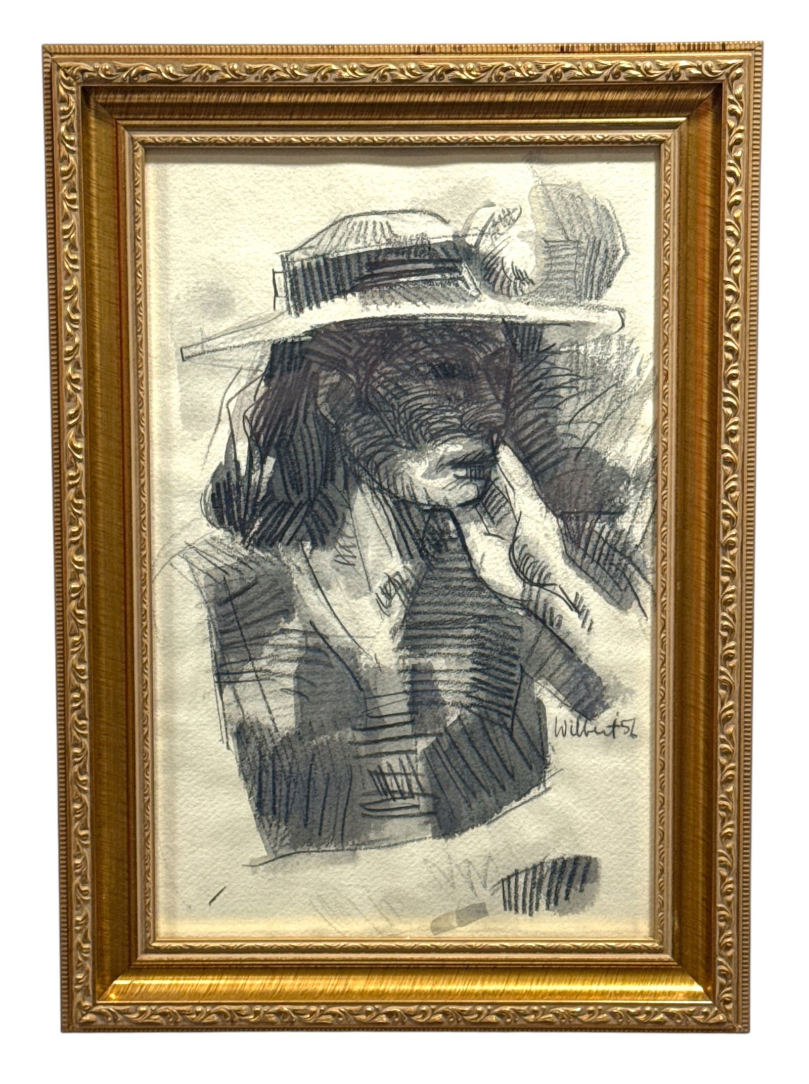 1956 French Mid Century Charcoal Sketch of a Woman, ROBERT J. WILBERT (Chicago, America): Mixed media. Charcoal / pencil on paper. Measures in frame 20.75" x 14.5" x 1.5" D, sight measures 16.5" x 10.5". Signed and later on lower right.