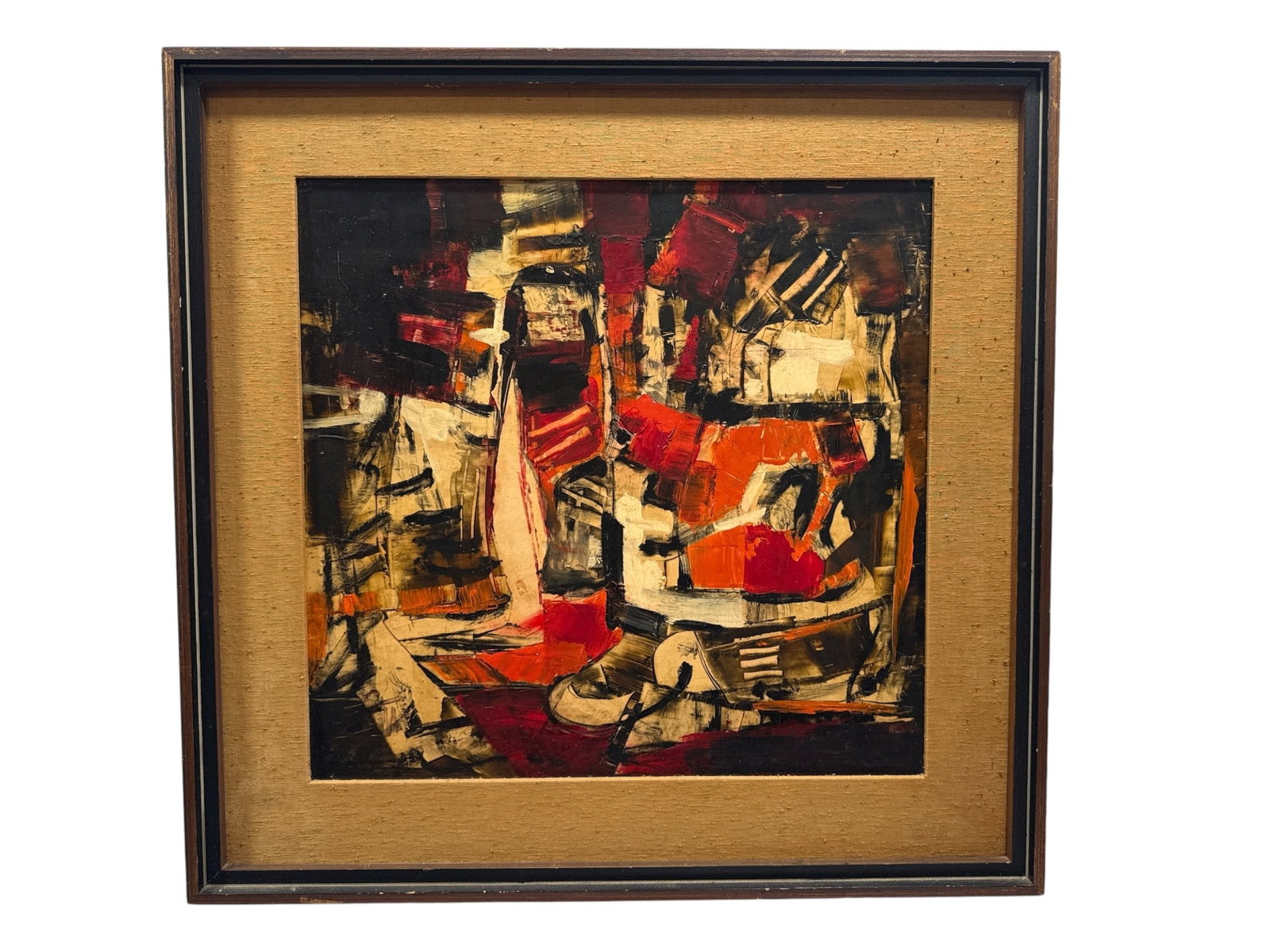 In the Manner of JOHN HARRISON LEVEE Abstract Mid Century Oil Painting: Oil on board. Measures in frame 25" x 26" x 2" D, sight measures 18" x 19".