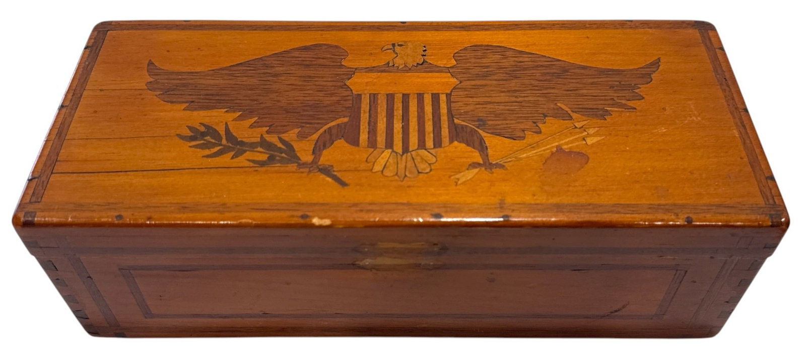 19th C. Federal Inlaid Eagle Box: 3.5" H x 10.5" W x 4.5" D.