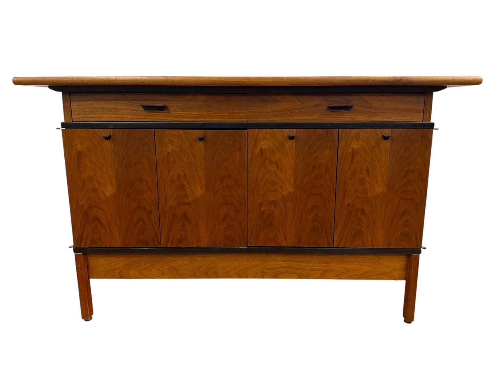 Mid Century Walnut Bar Server: Most likely American of Martinsville. Walnut with metal pulls. 2 drawers and 2 bifold doors. 32" H x 53.5" W x 18.5" D.