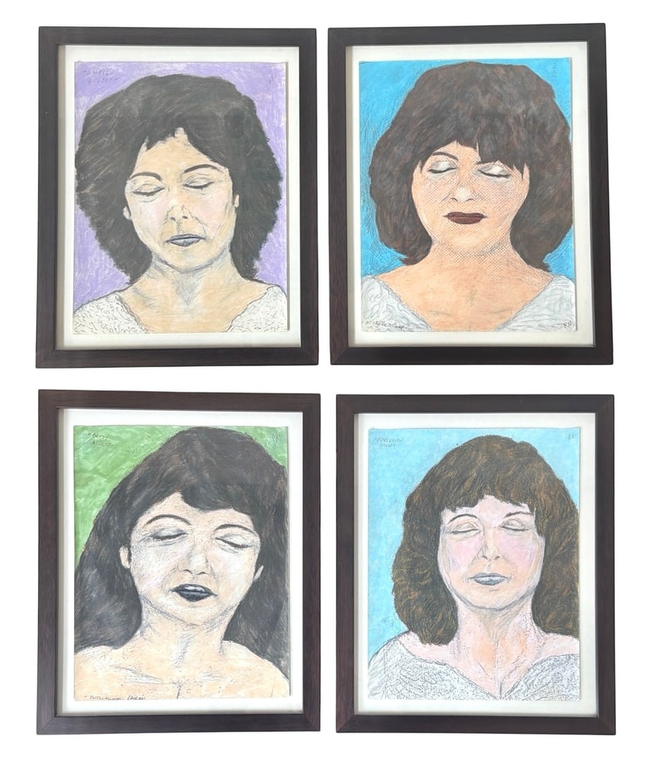 Four PAUL HUMPHREY (Vermont, b. 1931-1999) "Sleeping Beauties" Mixed Media Portraits: Includes four women sleeping portraits from his "Sleeping Beauties" series including "Mary Ellen, Michelle, Shelly, and Betsy asleep". Each measures 13.5" x 11.25" x 1" D in the frame, sight measures