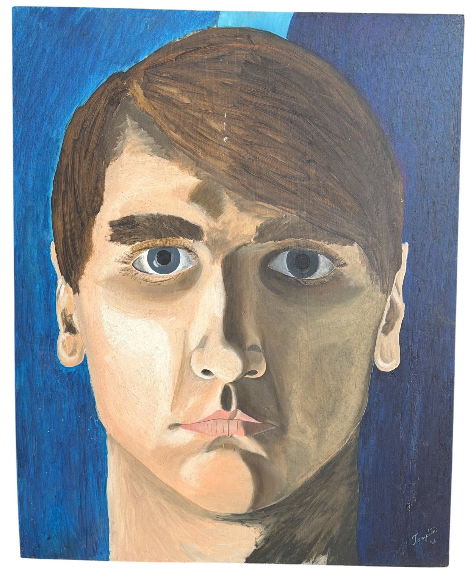 Mid Century Portrait of a Man, Acrylic Painting: Acrylic on board, signed in the lower right and en verso and dated 1968. Measures 30" x 24".
