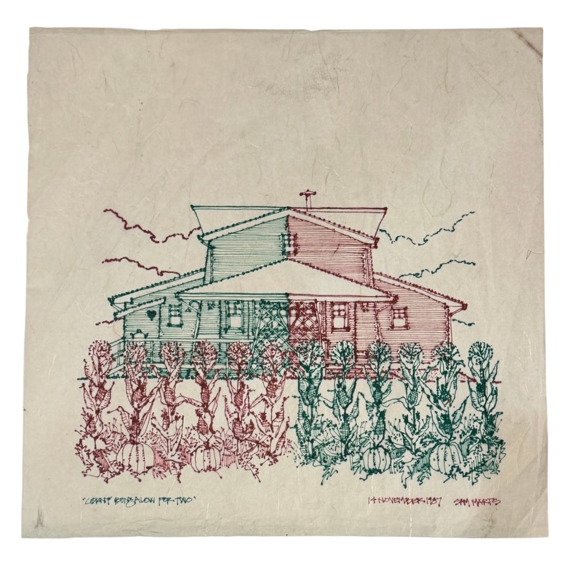1987 Architectural Drawing on Tracing Paper, SAM MARTS: Signed, Dated November 1987, and titled "Corn Bungalow for Two". Measures 15" x 15".
