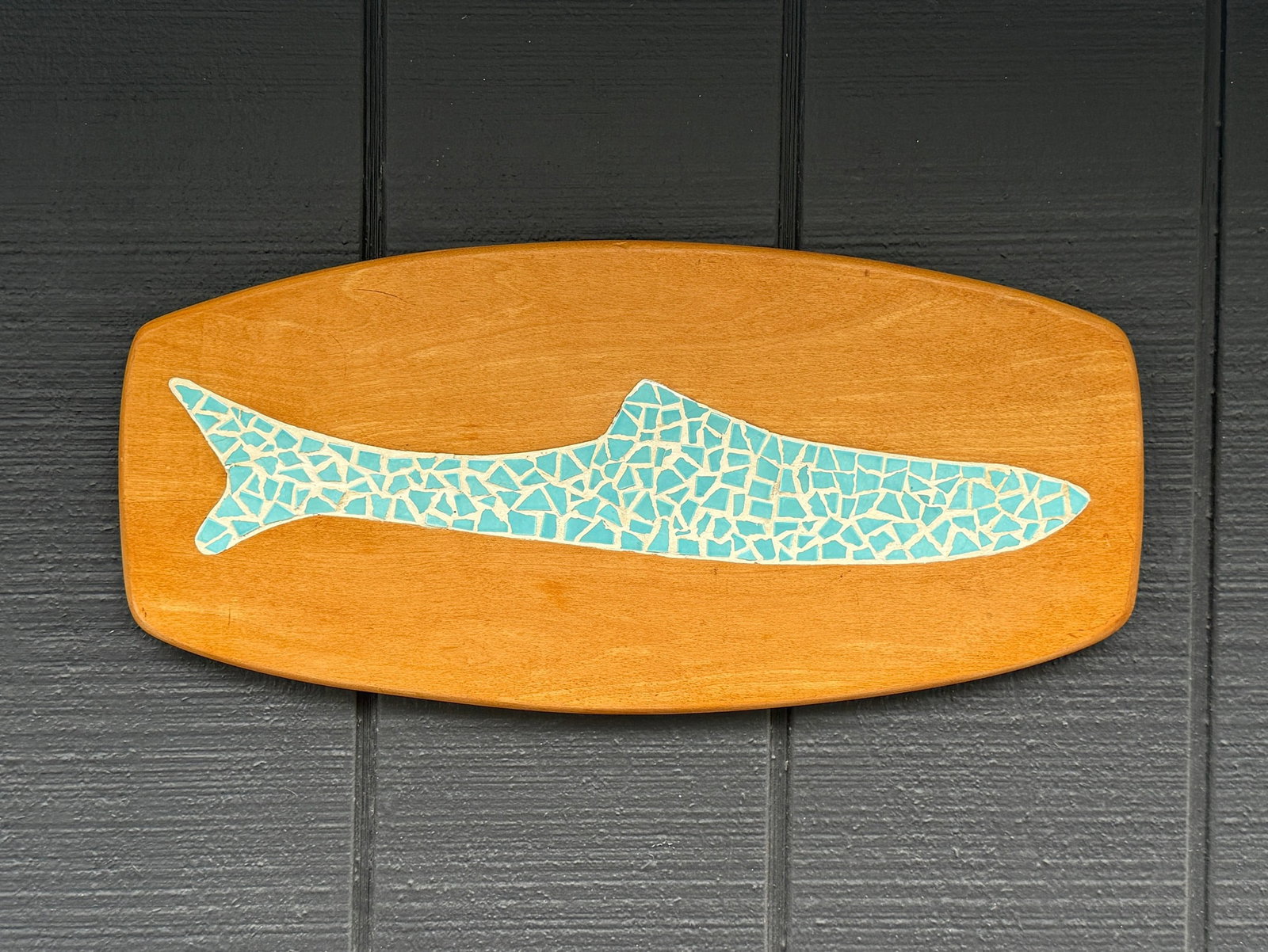 Scandinavian Modern Blue Tile & Teak Fish: 9" H x 19.25" W x 1" D.