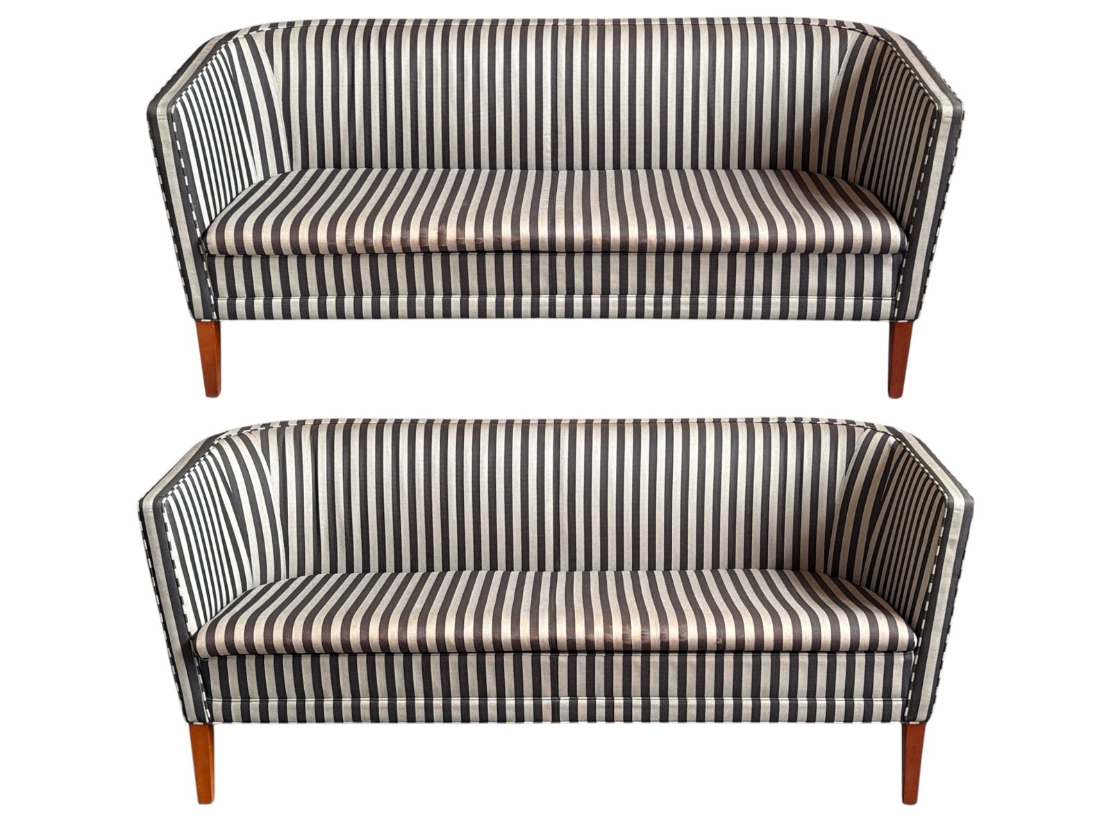 Two Striped Low Back Settees in The Manner of Joseph Hoffmann: Both measure 29.5" H to the back x 17" H to the seat x 66" W x 26" D. Similar to styles of Joseph Hoffmann.