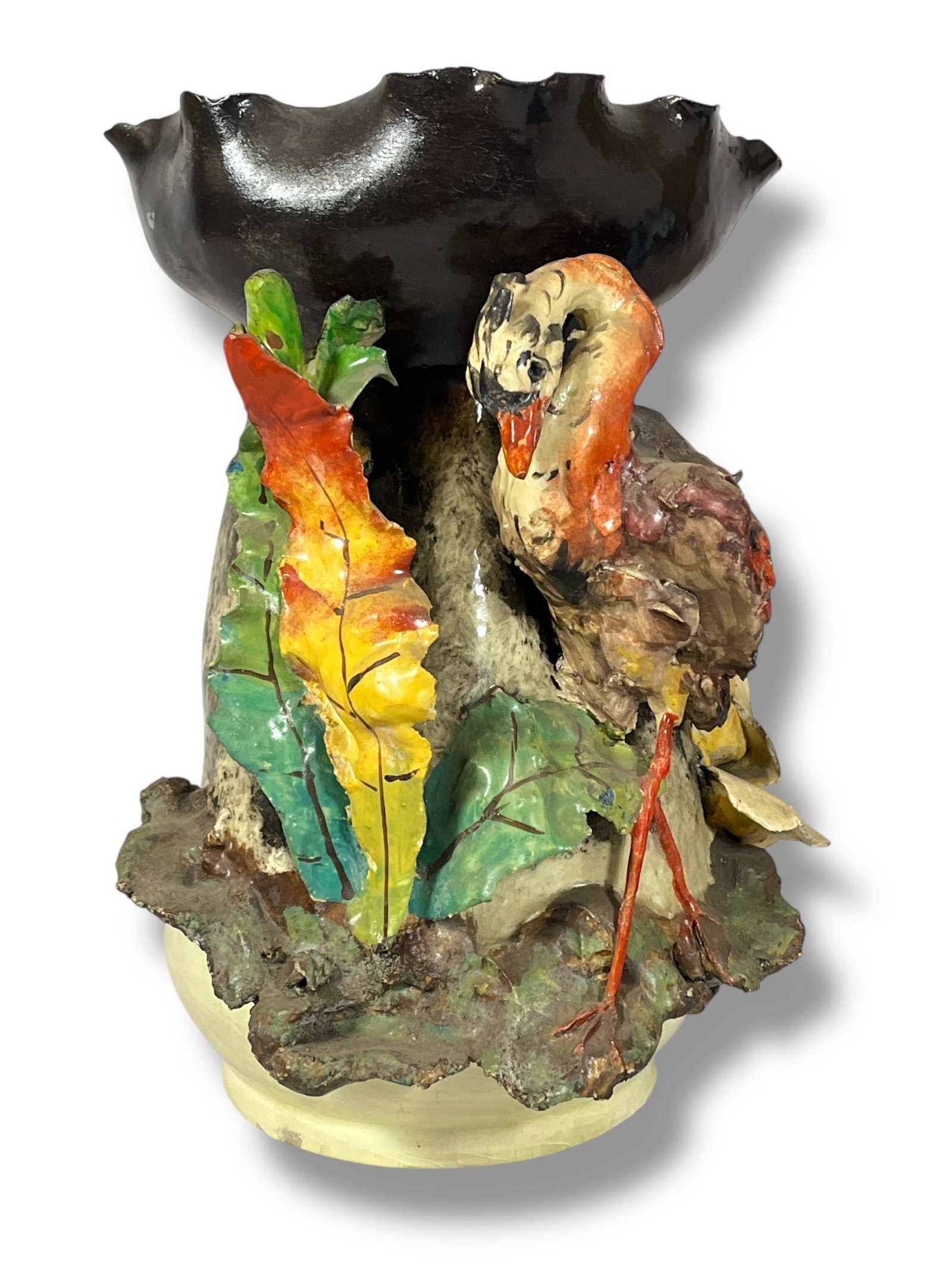 Majolica Figural Bird Vase: Measures 11.5" H x 8.5" DIA overall. 3D relief on the vase of figures and flowers is exceptional, stamped on bottom