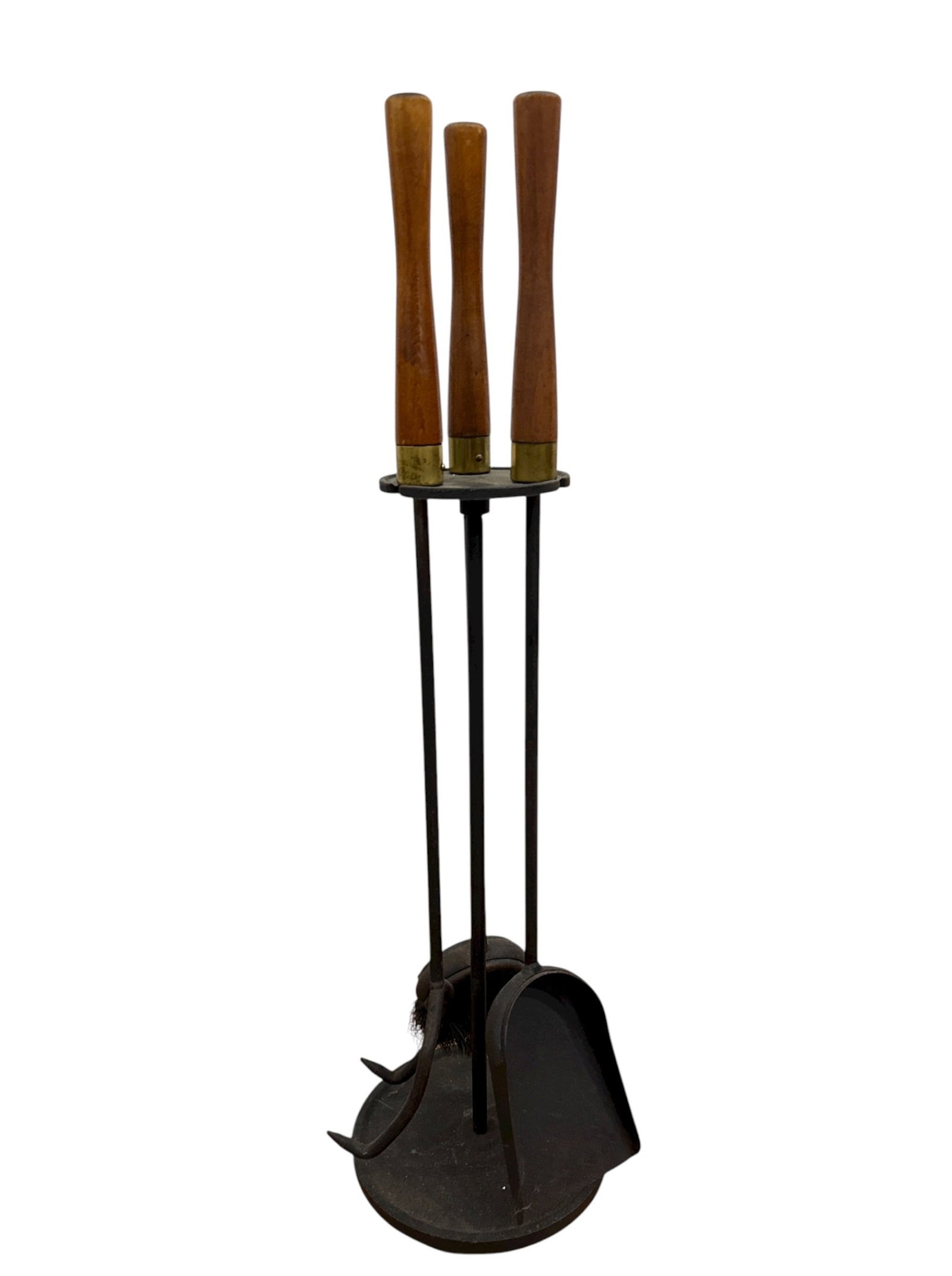 Mid Century Walnut, Brass and Iron Fireplace Tool Set: Measures 32.25" H overall x 9.5" base diameter.